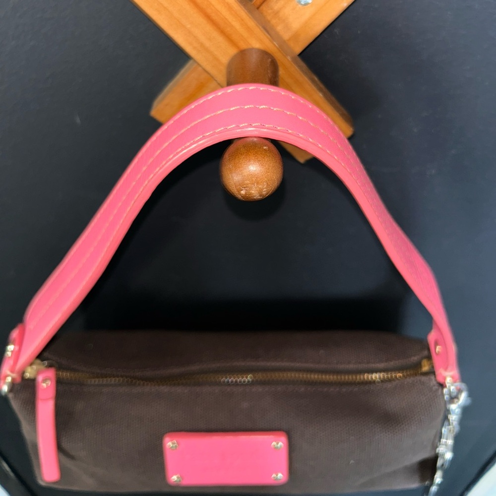 Vintage Kate Spade Mini Bag Brown Canvas with Pink Leather Trim & HelloKitty Tag - Picture 7 of 16